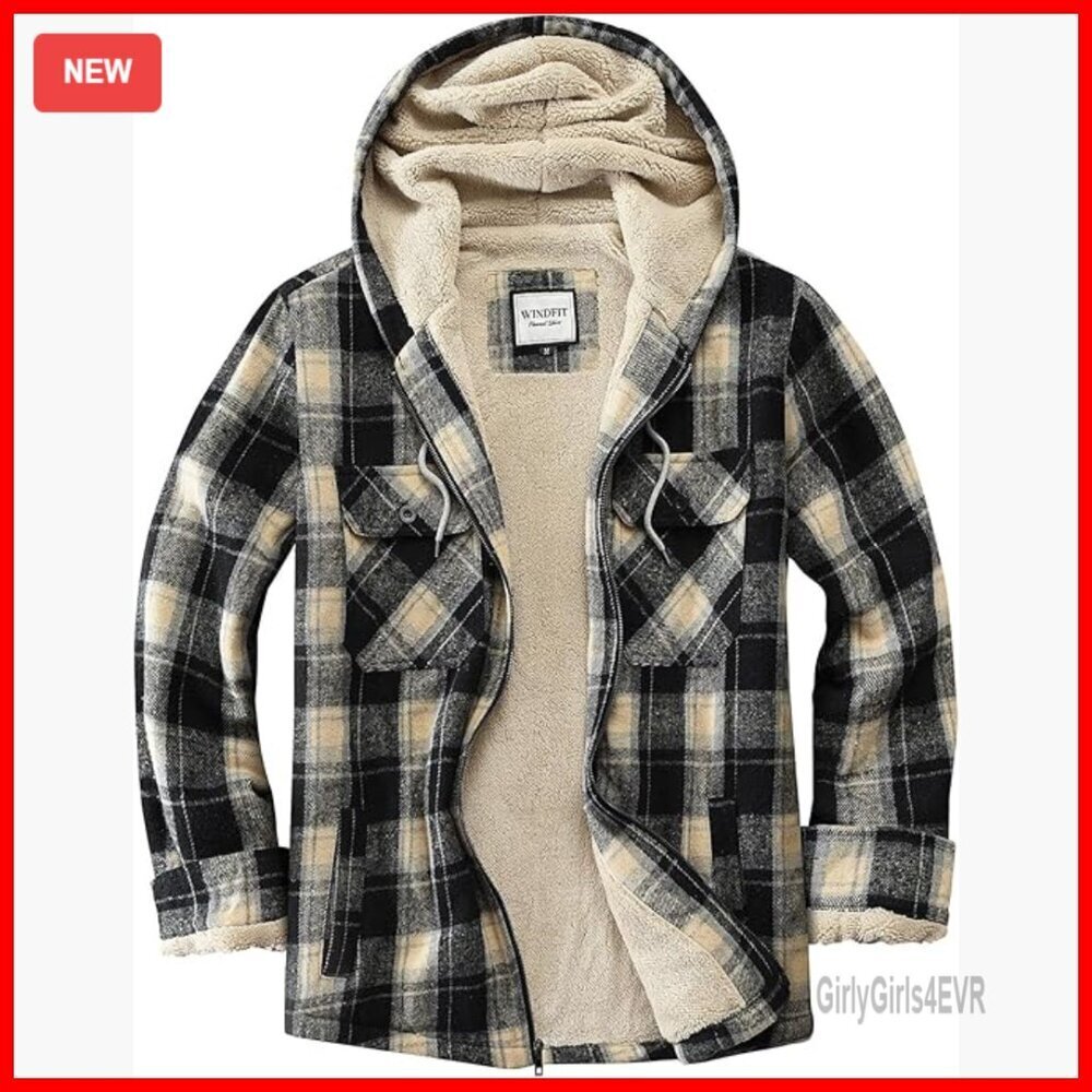 Sherpa Lined Fleece Jacket Full Zip Hooded Plaid Flannel Shacket